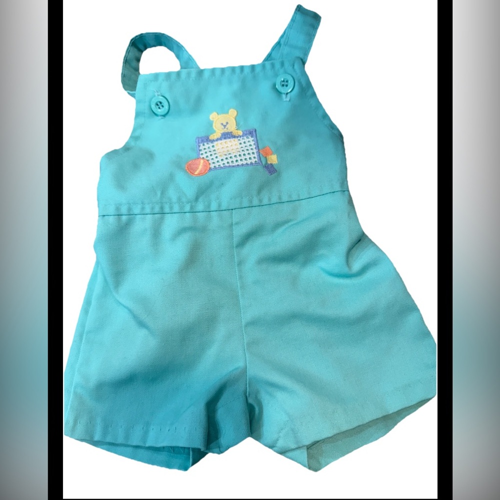 Vintage Health-Tex Green Bib overall Embroidered Teddy Bear One Piece 6M Romper